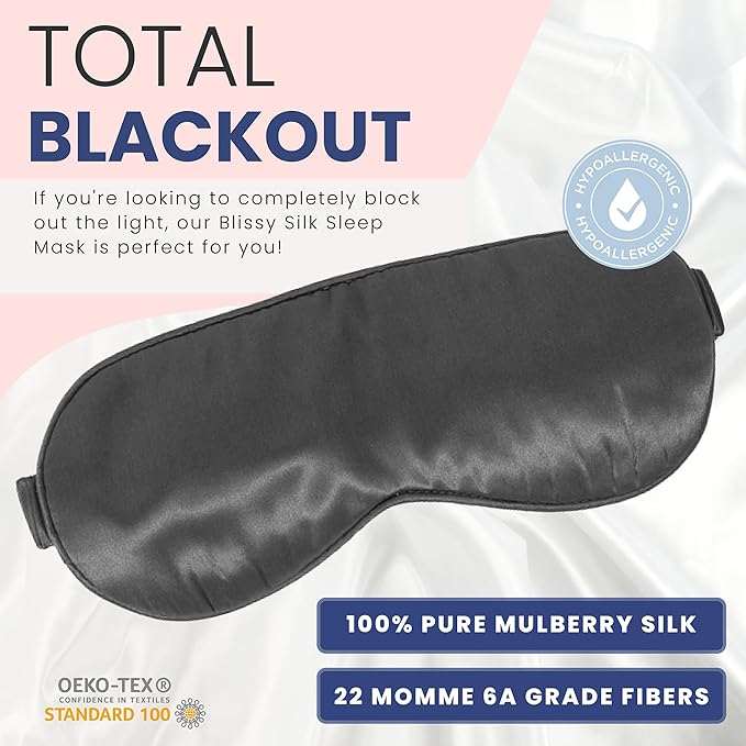 Blissy Silk Sleep Mask - Eye Sleeping Mask for Women & Men for Total Blackout - 100% Pure Mulberry Silk, 22 Momme 6a Fibers - Blindfold Sleep Mask Side Sleeper Eye Cover (Grey)