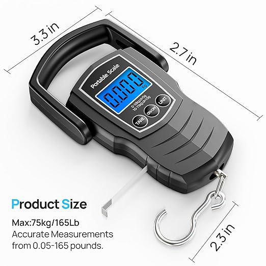 75Kg/165Lb Digital Luggage Scale for Travel, Fishing Weight Scale Unit with 1.5M Measuring Tape, Suitcase Weight Unit Can Switch Kg/Lb/Jin/Oz 4 Units, with Hook, Battery Included