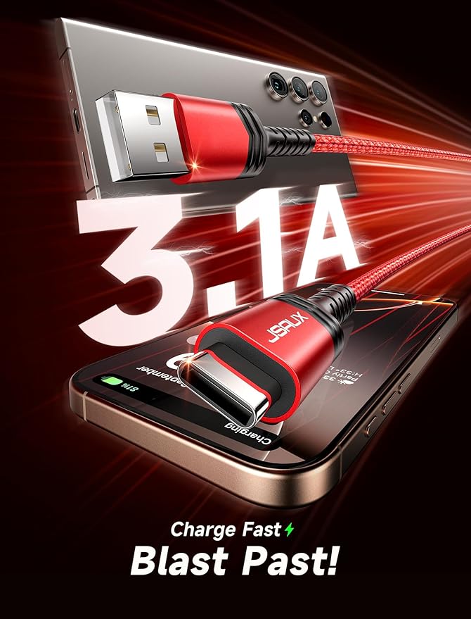 JSAUX USB C Cable [2-Pack 6.6ft], USB A to USB Cord Fast Charging for iPhone 17e, iPhone 17, iPhone Air, iPhone 17 Pro Max, iPhone 16/iPhone 15 Series, Samsung S20 S10, Note 20 10, Car Play - Red
