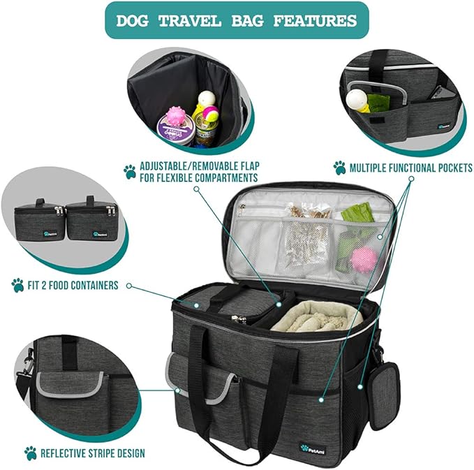 PetAmi Dog Travel Bag, Travel Pet Bag Organizer, Dog Food Travel Bag with Container Collapsible Bowls, Pet Travel Supplies Gift Accessories for Weekend Camping, Puppy Cat Diaper Bag, Charcoal Medium