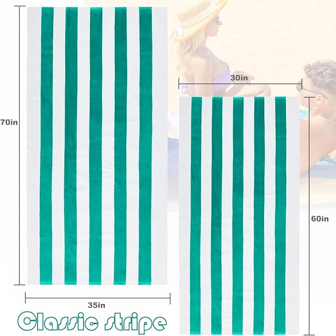 Exclusivo Mezcla 2 Pack Cotton Oversized 35x70 Inches Cabana Stripe Beach Towels, Super Absorbent Soft Plush Pool Bath Towel (Turquoise)