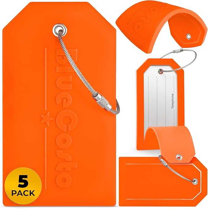 BlueCosto - Luggage Tags - Large, Orange, 5 PK - PVC Suitcase Tags w/Privacy Cover & Stainless Steel Wire Loops - Personalized Baggage Identifiers for Travel - Backpack Name Labels
