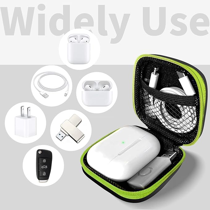Square Earbud Case Portable EVA Carrying Case Storage Bag Tech Pouch Cell Phone Accessories Organizer with Carabiner for Earphone, Earbud, Earpieces, SD Memory Card, Camera Chips, Green
