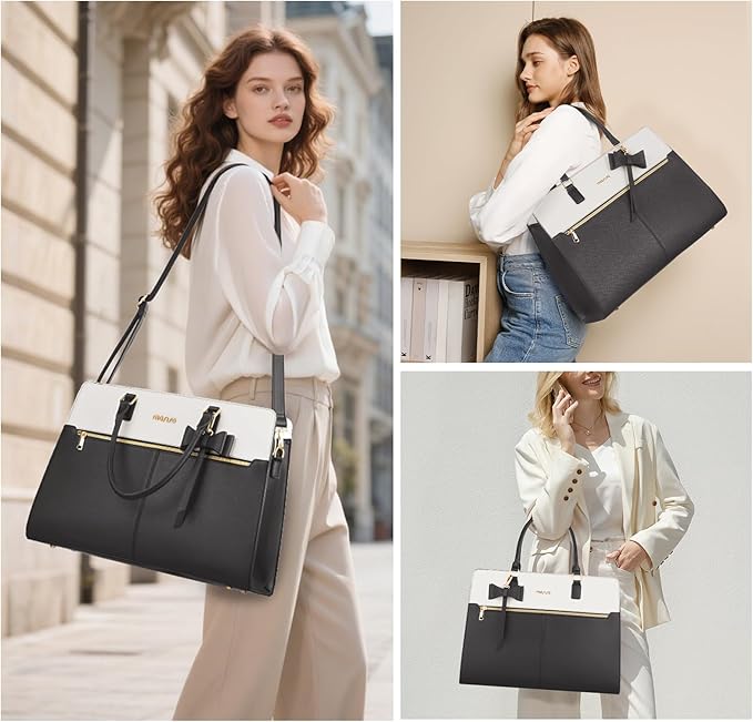 MOSISO Laptop Tote Bag for Women, 15.6 inch Waterproof PU Leather Work Bag with Clutch Purse & Bowknot, Large Capacity Handbag Shoulder Computer Bags Work Briefcase for Business Teacher Office, Gray