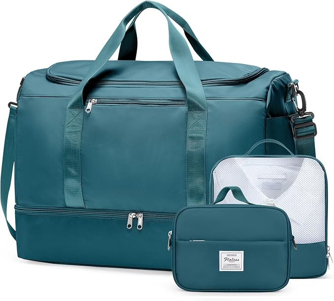 Large Travel Duffle Bag,Carry on Overnight Weekend Bag with Shoes Compartment,Weekender Bags for Women for Travel Business Trips Sport Hospital,3 Pcs Set,Peacock Blue