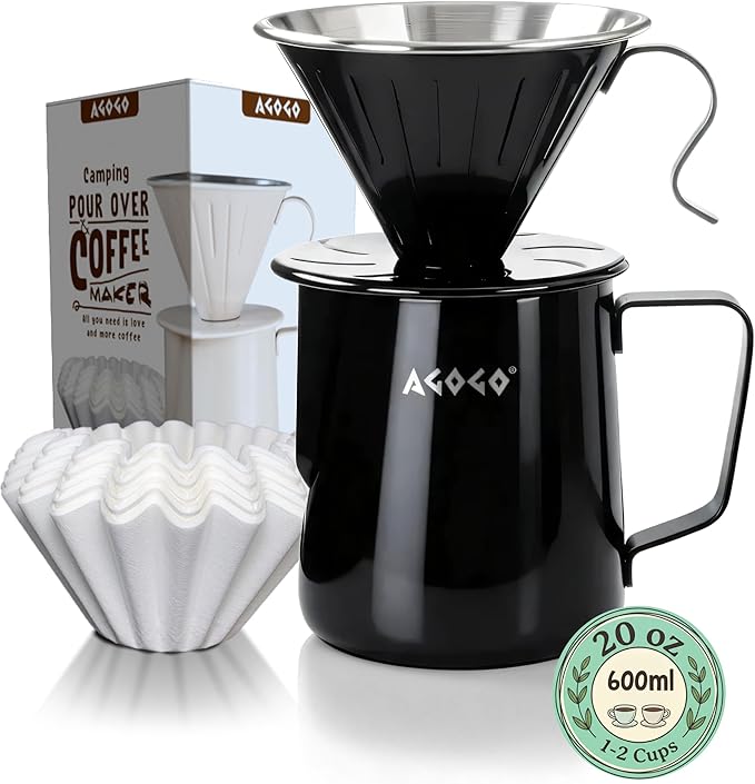 AGOGO Pour Over Coffee Maker Set - Unbreakable 304 Stainless Steel V60 Dripper & Server for Camping & Home, Includes 50 Paper Filters & Barista Towel - Black - 20oz
