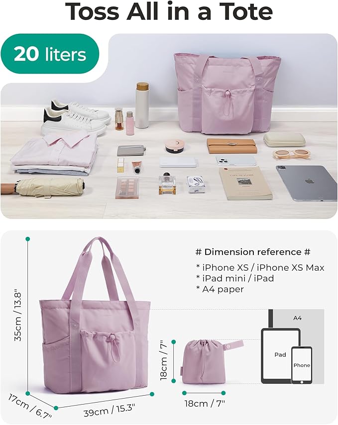 BAGSMART Foldable Tote Bag with Drawstring Bag, Tote Bag Shoulder Bag Top Handle Handbag for Travel, Work, Beach, Gym