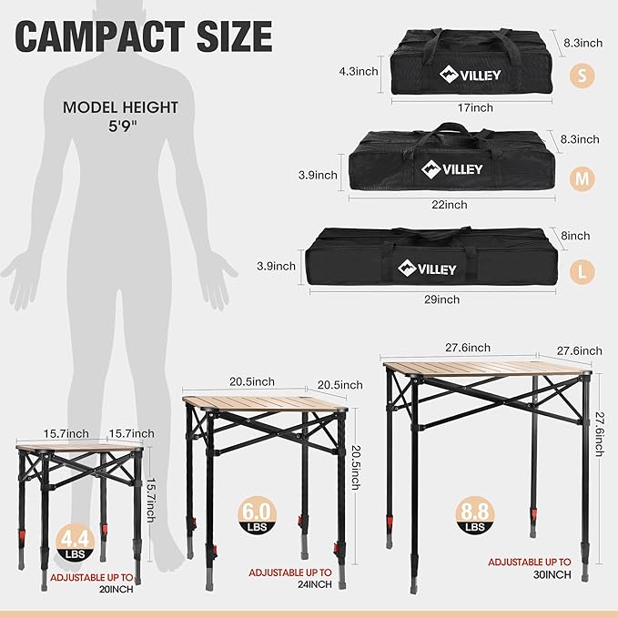 VILLEY Folding Camping Square Table with Carry Bag, Lightweight Aluminum Adjustable Square Table for Outdoor, Camping, Picnic, Backyards, BBQ, Large