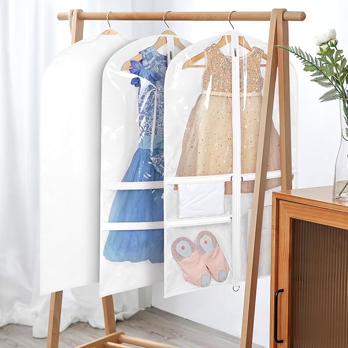 Univivi Dance Costume Garment Bag, 40 Inch Garment Bags for Dance Costumes Kids Dance Costume Bag with 3 Medium Clear Zipper Pockets for Dance Costumes, Hanging Clothes (White)