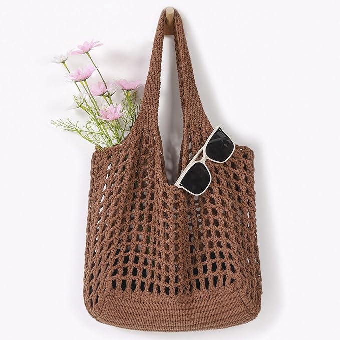 WantGor Crochet Bags, Beach Mesh Tote Bag Womens Shoulder Shopping Handbag Casual Travel Totes Bag Foldable Hobo Bags