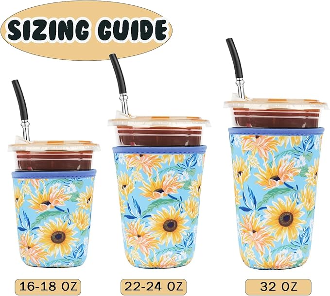 Reusable 3-Pack Iced Coffee Cup Sleeve, Insulated Neoprene, Beverage Holder for Iced Coffee, Durable Drink Sleeve for Cold Beverages, Sunflower Smile