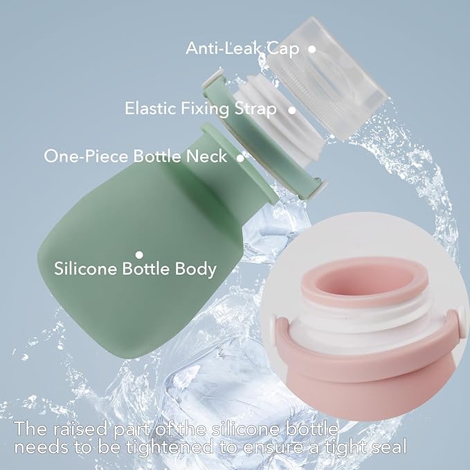 1oz Silicone Travel Bottles for Toiletries (4-Pack), TSA Approved Leakproof Toiletry Bottles with Locking Lid, Refillable Travel Size Containers for Shampoo, Body Wash, Camping & Trips (WH,GN,PNK)