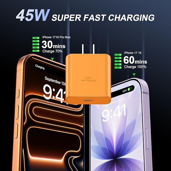 iPhone 17 16 Pro Max Charger Fast Charging, 45W USB C iPhone 17 16 Super Fast Charger Block with 10ft Long Type C Charging Cable Cord for iPhone 17 Pro Max/17 Pro/17 Air/17/16/16Pro-Cosmic Orange
