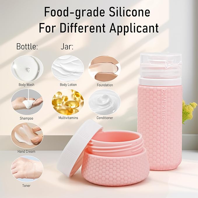 Travel Bottles for Toiletries 2oz 60ml 2 Pack + Cosmetic Jar 40ml 1.35oz Luxury Leather Pattern, Anti-slip Silicone Premium Refillable Bottle Set with Facial Brush for Gym Men Women, Pink