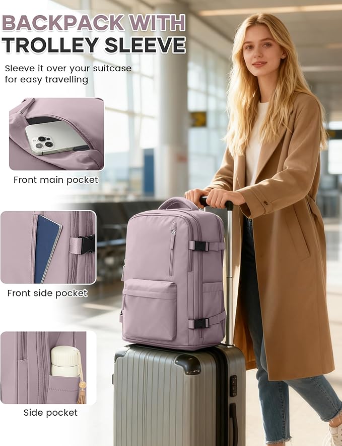 WONHOX Carry on Travel Laptop Backpack for Women Men Flight Approved,Backpack for Women Travel Bag Hiking Outdoor Sports Rucksack Casual Daypack, Lotus Pink