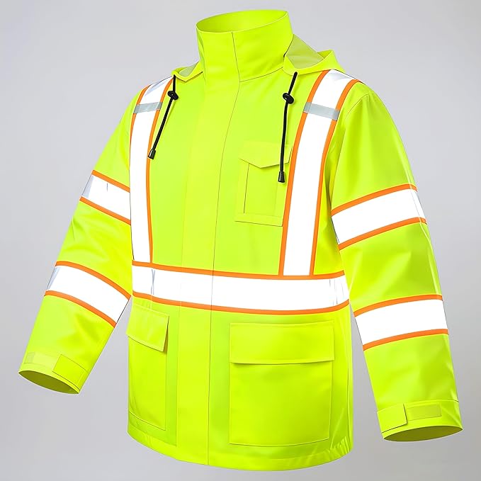 High Vis Reflective Safety Rain Jacket for Men, Class 3 Hi Vis Rain Gear for Construction Workers (Yellow,4XL/5XL)