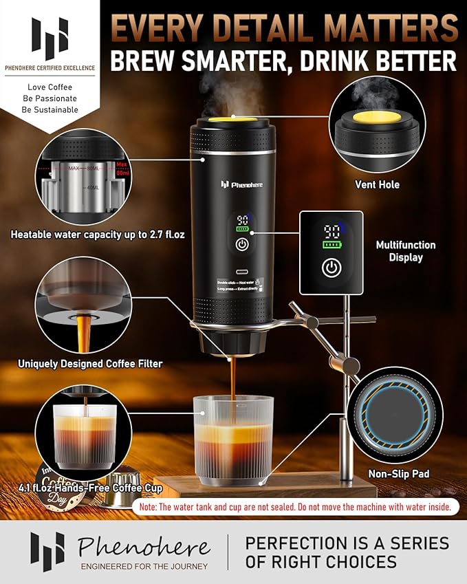 6-in-1 Portable Electric Espresso Machine–20Bar Self‑Heating camping coffee maker with 7500mA Battery,Display,compatible with Large/Small Capsules&Coffee Powder for Travel,Camping,Car&Office
