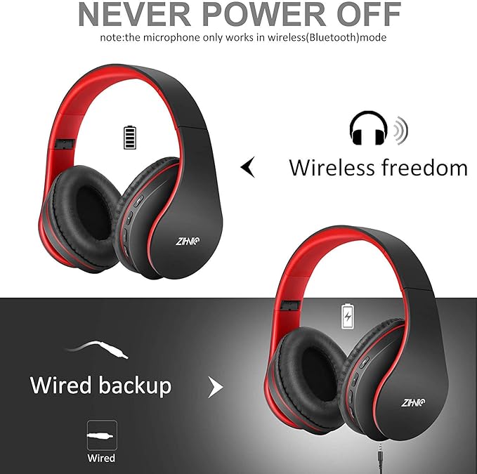 ZIHNIC Bluetooth Headphones Over-Ear, Foldable Wireless and Wired Stereo Headset Micro SD/TF, FM for Cell Phone,PC,Soft Earmuffs &Light Weight for Prolonged Wearing (Black/red)