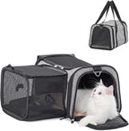 Petsfit Expandable Cat Carrier, 16"X10" X9" Pet Carrier Airline Approved, Soft-Sided Collapsible, Pet Carrier with Locking Safety Zippers, Removable Soft Plush Mat, Pocket for Pets up to 10lbs, Gray,S