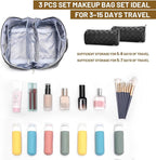 BOYATU Travel Makeup Bag Organizer: 3 Pcs Set Large Capacity Cosmetic Bags Holds 10–20 100ml Full-Size Bottles for 3–15 Day Trips - 180°Open-Flat Make up Case 3-sec touch-up - Toiletry Bag Gift women
