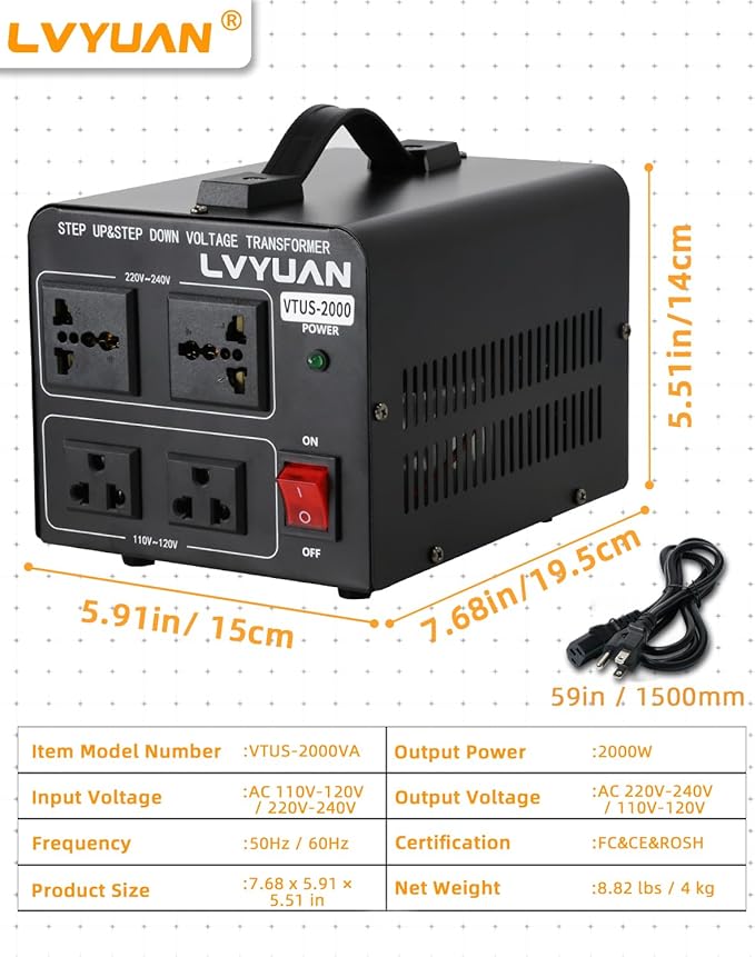 LVYUAN Voltage Transformer Converter 2000 Watt Step Up/Down Convert from 110-120 Volt to 220-240 Volt and from 220-240 Volt to 110-120 Volt with 2 US outlets, 2 Universal outlets