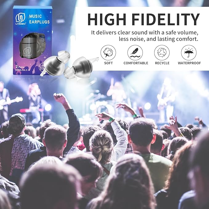 LYSIAN High Fidelity Concert Ear Plugs, 23dB Noise Reduction Musician Earplugs for Concerts, Festivals & Raves, Reusable Soft Earplugs with Aluminum Case, 2 Pairs Blue