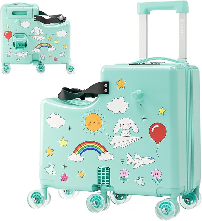Ride-On Suitcase for Kids Carry On Luggage, Hard Shell Kids Travel Suitcase with 6 Spinner Wheels, TSA Lock, Safety Belt, Foldable Pedal & Cup Holder, Kids Riding Luggage, Green