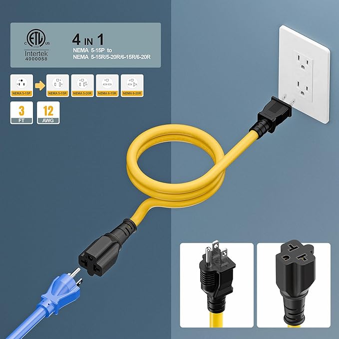 [3-Feet]NEMA 5-15P Extension Cord, Plugrand NEMA 5-15P to 5-15R/ 5-20R/ 6-15R/ 6-20R AC Adapter, 12AWG 15 Amp to 20 Amp T Blade Adapter Cable, 15A 125V to 20A 250V Extension Cord, 3FT