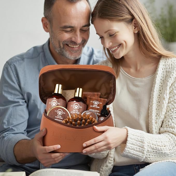 Fathers Day Spa Gift Set for Men - Luxuious 30-Piece Sandalwood Bath & Beard Gift Set for Men, Bath & Body Care Kit for Him with Beard Wax | Christmas, Valentines Day, Birthday, Gift for Father Dad