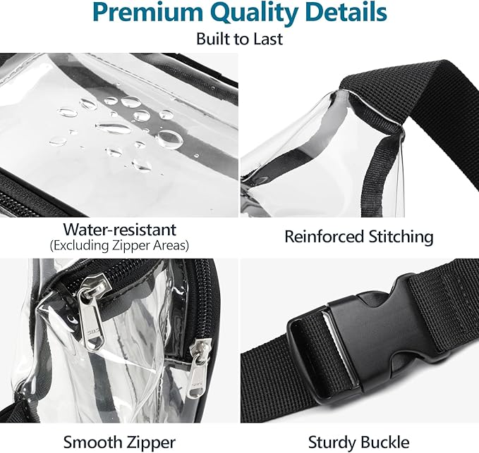 Veckle Clear Fanny Pack Stadium Approved - Adjustable 33-47 Inch Strap, Transparent Belt Bag for Women Men Fits 7.5-inch Smartphone, Waist Bag Clear Bag for Stadium Events, Sport, Concerts, Black