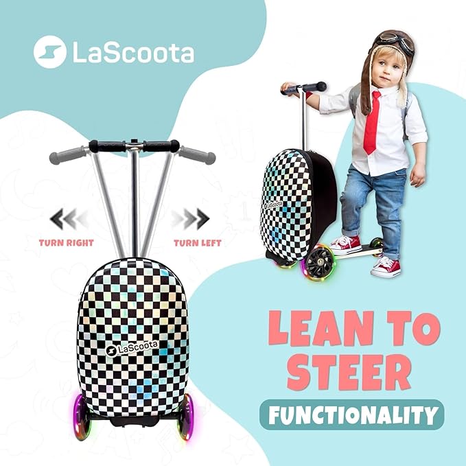 Lascoota Scooter Suitcase - Ride Suitcase for Kids - Carry Luggage & Kid Scooter - Lightweight Luggage with LED Lights - Checkered, 24 x 15 x 19 in, Unisex Child