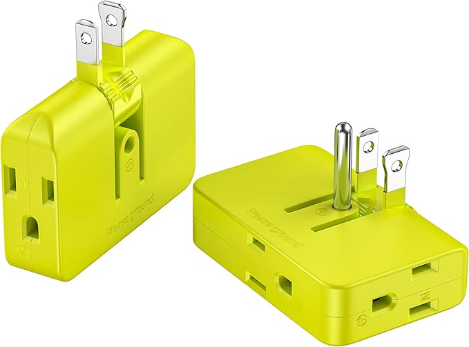 2 Pack Plug Splitter - 3 Prong Wall Adapter with 2 to 3 Prong Outlet Converter, Safe & Space-Saving Plug Extender, Yellow