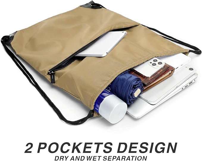 Drawstring Backpack Sports Water Resistant String Bag Sport Gym Sackpack for Women Men Large with Zipper, Khaki