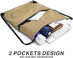 Drawstring Backpack Sports Water Resistant String Bag Sport Gym Sackpack for Women Men Large with Zipper, Khaki