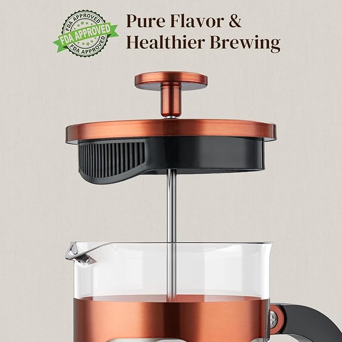 Veken French Press Coffee Maker 21oz 0.6 L, Single Serve Small Pot, Heat Resistant Thickened Borosilicate Glass, Stainless Steel Brewer, Cold Brew Cafetera Teapot for Kitchen Travel Camping, Copper