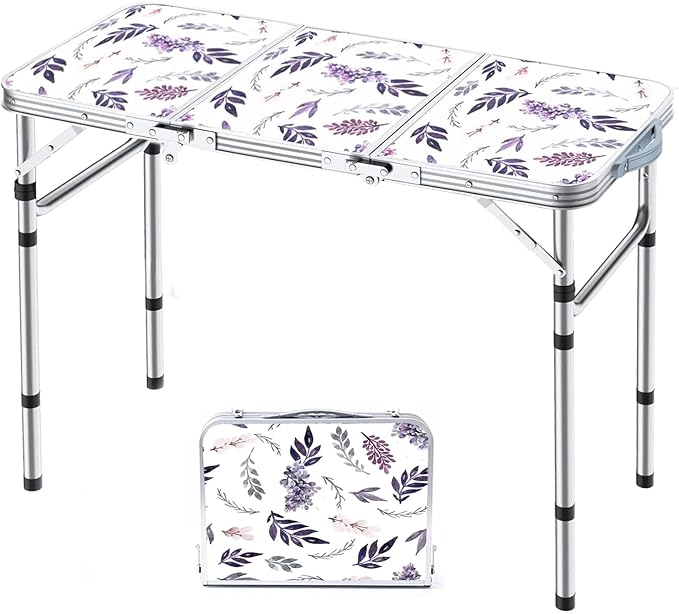 Yriuat Folding Camping Table 3ft Portable Pinic Table Adjustable Height Small Card Table Aluminum Foldable Lightweight with Carry Handle for Outdoor Indoor Hiking Camp BBQ Beach (Misty Lilac)