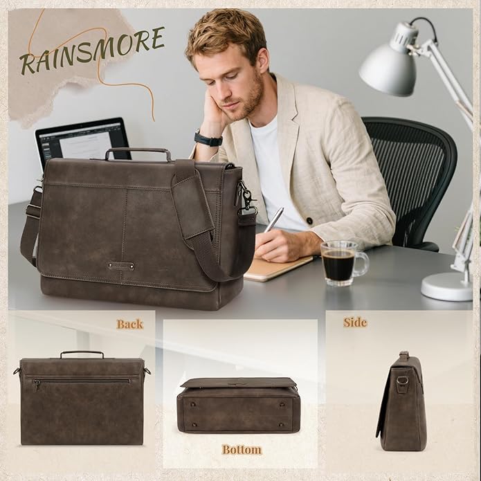 RAINSMORE Vintage Flap Messenger Bag for Men PU Leather Laptop Bag 15.6 Inch Mens Briefcase Waterproof Satchel Computer Bag
