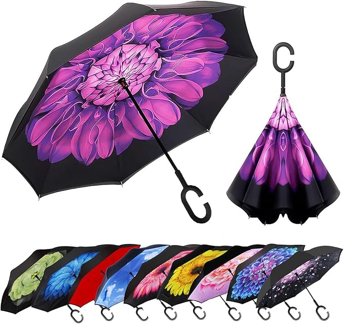 MRTLLOA 40/49/56 Inch Oversize Windproof Inverted Reverse Upside Down Umbrella, Golf Size Rain Umbrella, Double Layer, C-Shaped Handle for Men, Women and Kids