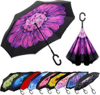 MRTLLOA 40/49/56 Inch Oversize Windproof Inverted Reverse Upside Down Umbrella, Golf Size Rain Umbrella, Double Layer, C-Shaped Handle for Men, Women and Kids