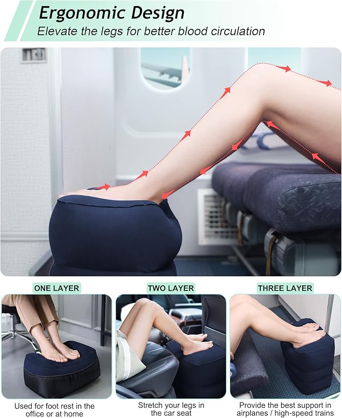 Inflatable Travel Foot Rest Pillow, Kids Airplane Bed, Adjustable 3 Layers Height Leg Rest Pillow, Adults Travel Essentials Great for Airplane, Office, Home, Trains, Cars (Blue)