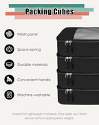 WTREE 4-Piece Packing Cubes Travel Accessories Set for Suitcases - Luggage Organizer Bags with Double Zipper - Mesh Top - Medium - Black