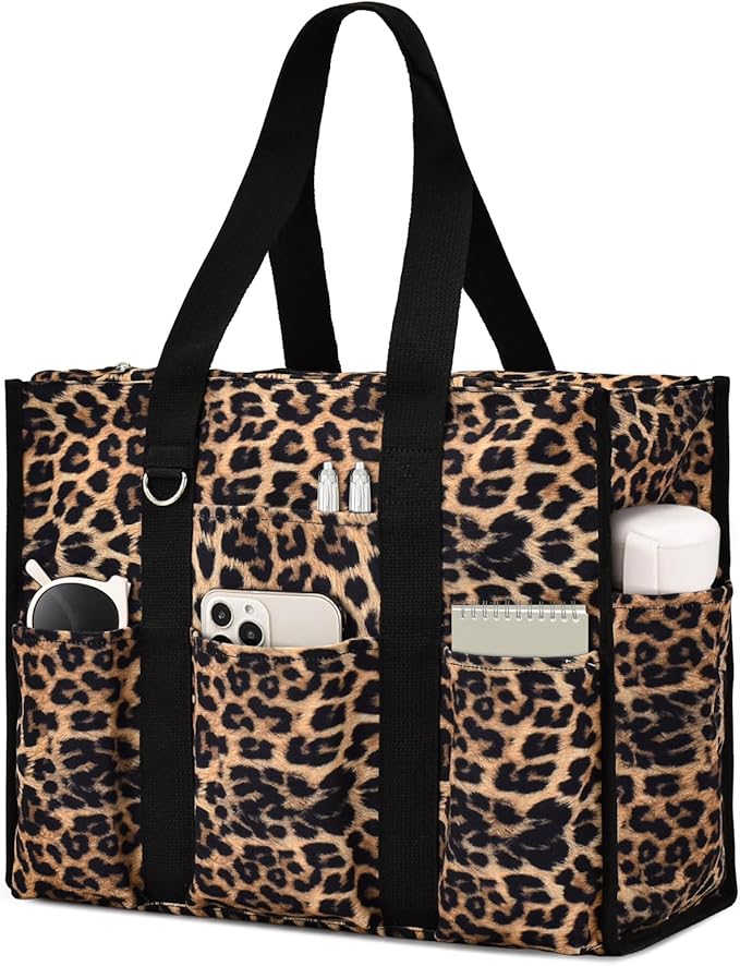 Becokan Large Tote Bag for Women Waterproof with 12 Pockets Top Zipper Closure Utility Teacher Nurse Bags for Work School
