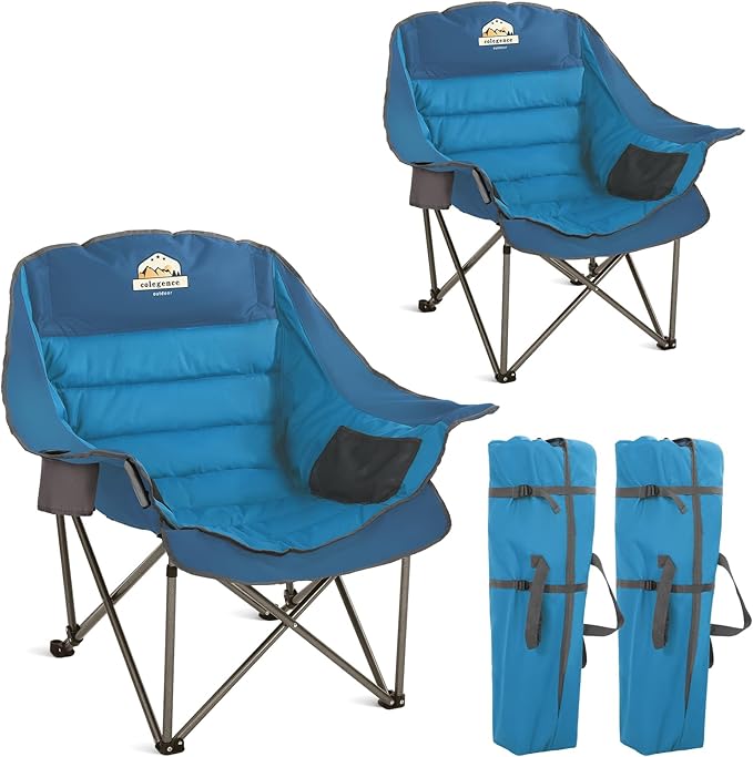 Colegence Oversized XL Padded Camping Chair Set of 2 Wide Heavy Duty Lawn Chairs Support 450 LBS Portable Folding Gaint Plus Camp Chair for Outdoor Outside Sports Baseball Soccer-Blue