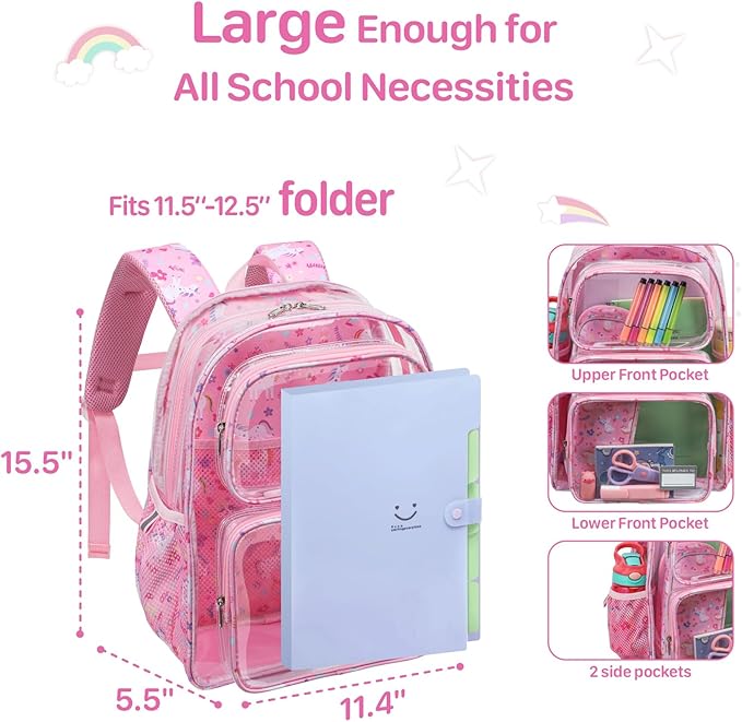Bagseri Clear Backpack for Girls - 15 Inch Heavy Duty Kids Clear Bookbag for Kindergarten to Grade 2, Transparent School Bag with Reflective Strip, Fits Folders, Pink Unicorn