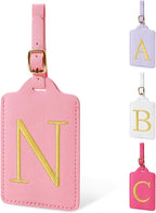 Personalized Initial Luggage Tags for Suitcase, Pink Leather Cute Luggage Tags with Privacy Cover Name Card, Embroidered Custom Monogrammed Luggage Tag Travel Bag Baggage Tags Gifts for Women Kids(N)
