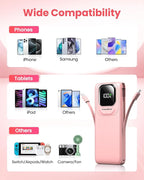 Portable Charger with Built-in Cables,22.5W Super Fast Charging Power Bank Slim Phone Charger,10000mAh Travel Battery Pack Battery Bank with Smart LED Display for iPhone, Android & USB-C (Pink)