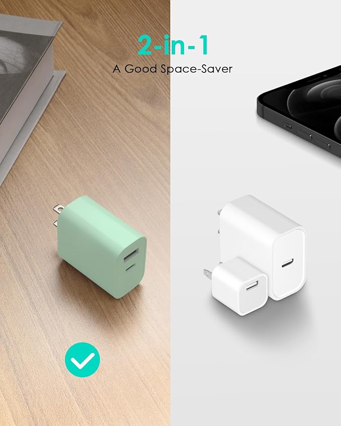 [4 Pack] USB C Charger Block Fast Charging Multiport Adpater [PD 20W USB-C & QC 3.0 USB-A Port] for i Phone 17/16/15/14/13/12/11/X/8, i Pad, Galaxy, Google, Galaxy & More [Green]