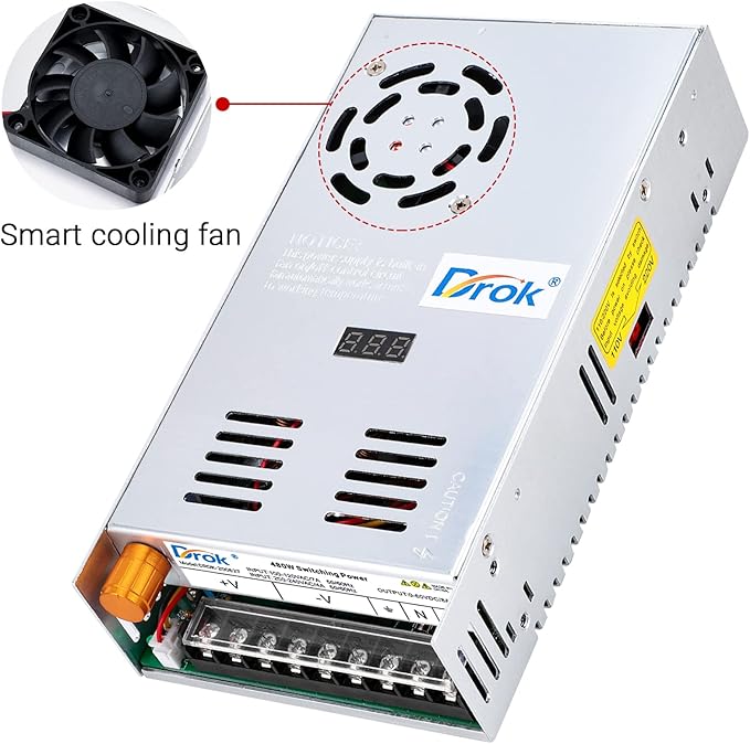 DROK 60V Power Supply, AC 110V 220V to DC 0-60V 8A 480W Buck Converter, Adjustable Variable LED Adapter Regulated 5V 12V 24V 30V 36V 48V 60Volt Transformer 3A 5A 8Amp Charger for Lab CCTV