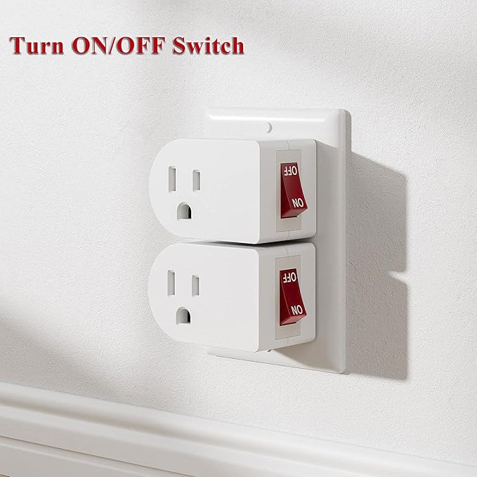Oviitech 2 Pack Grounded Outlet Wall Tap Adapter with On/Off Power Switch，Single Outlet with Switch in White