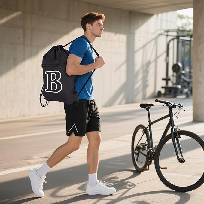 HOLYLUCK Drawstring Bags Initial Backpack Sackpack Cinch Bags for Sports, Gym, Travel, Beach(Black-B)